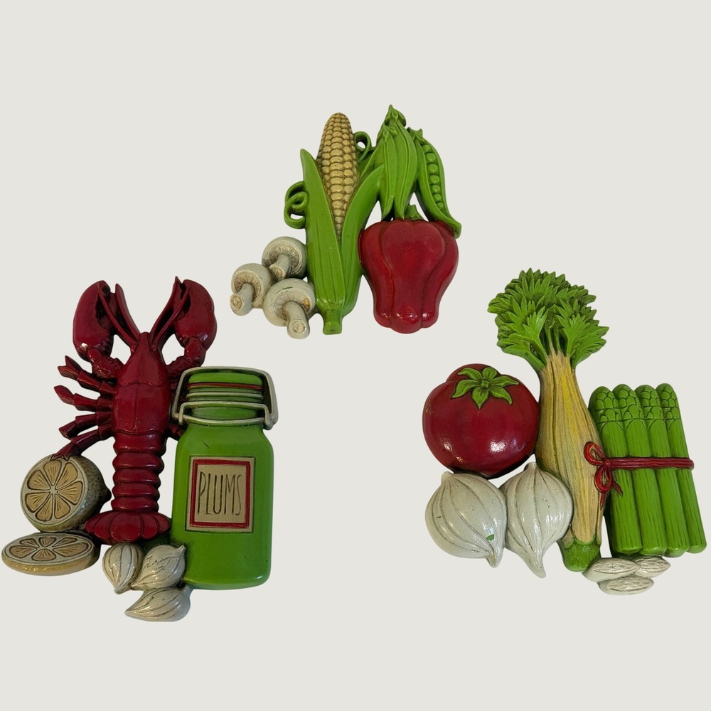 Vintage Homco Kitchen Decor Wall Plaques Set of 3 Food Corn Asparagus 7033 7034